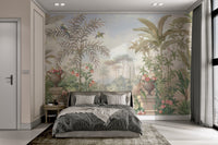 Classic green tropical forest scene wall mural for guest room.