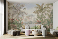 Hand painted green parrot and vintage floral urn wall mural living room.