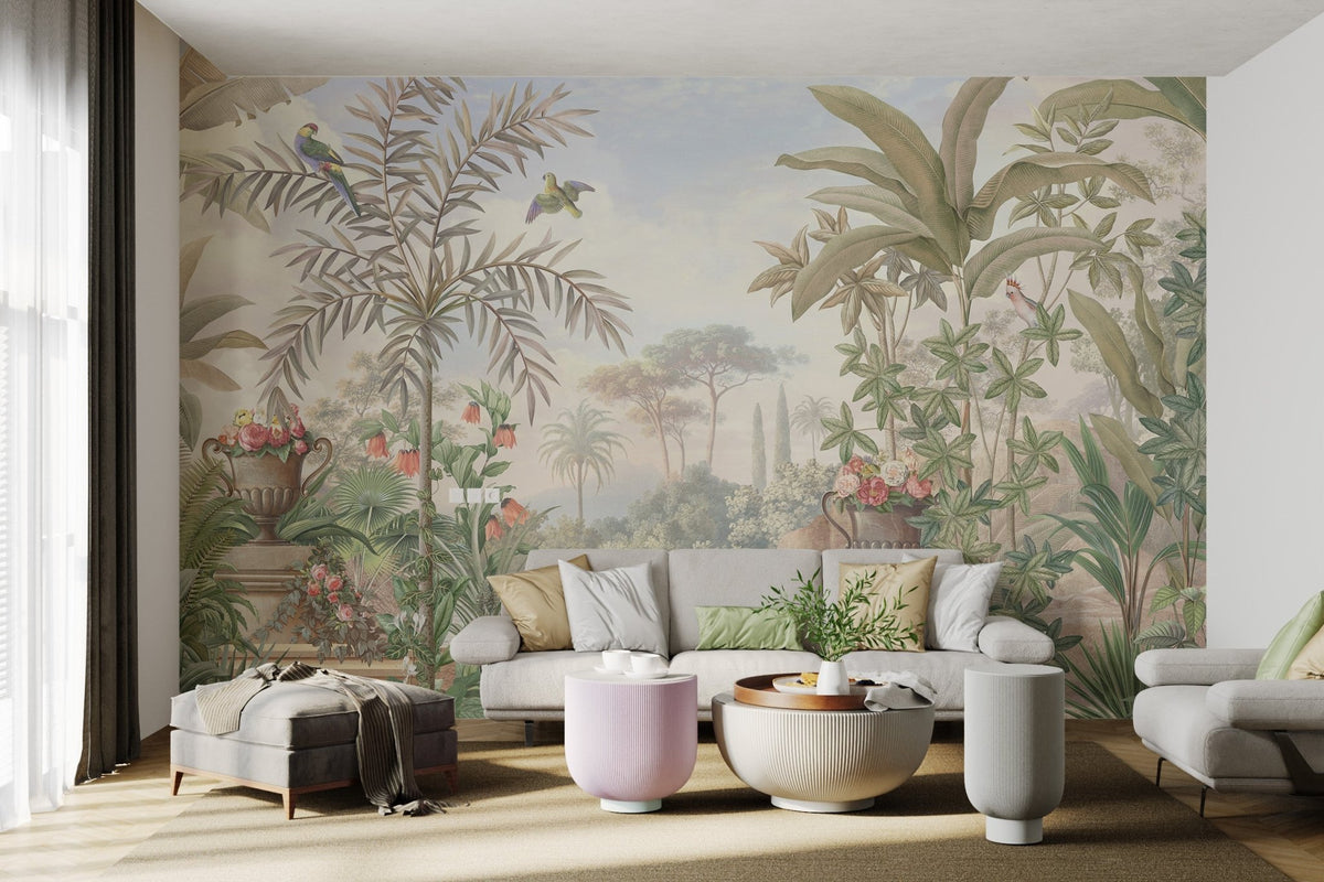 Hand painted green parrot and vintage floral urn wall mural living room.