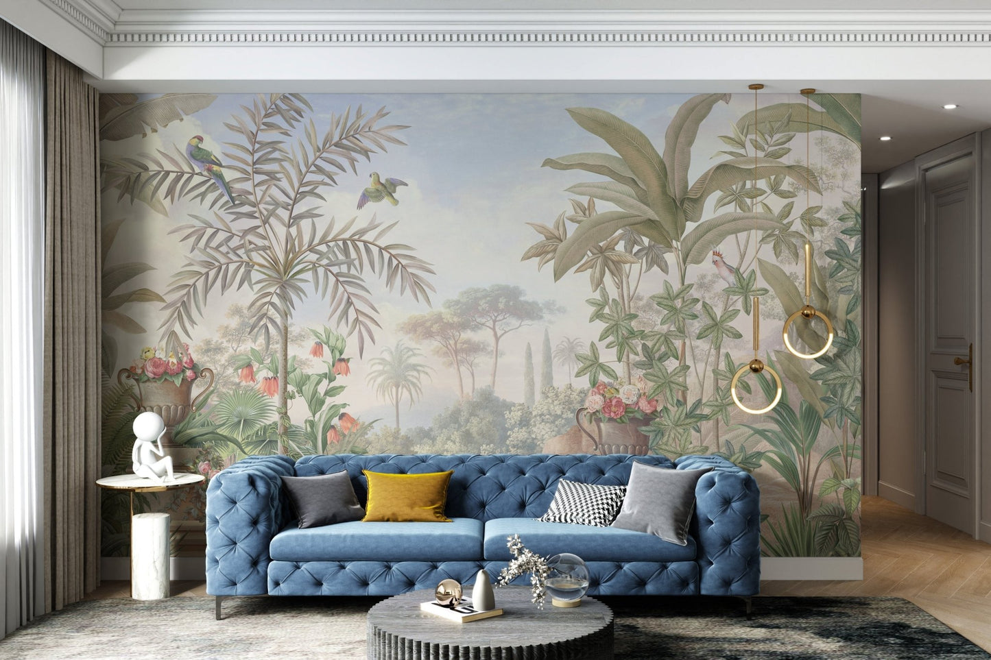 Tropical wall mural pink flowers in stone vases and exotic birds for hallways.