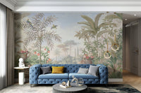 Tropical wall mural pink flowers in stone vases and exotic birds for hallways.