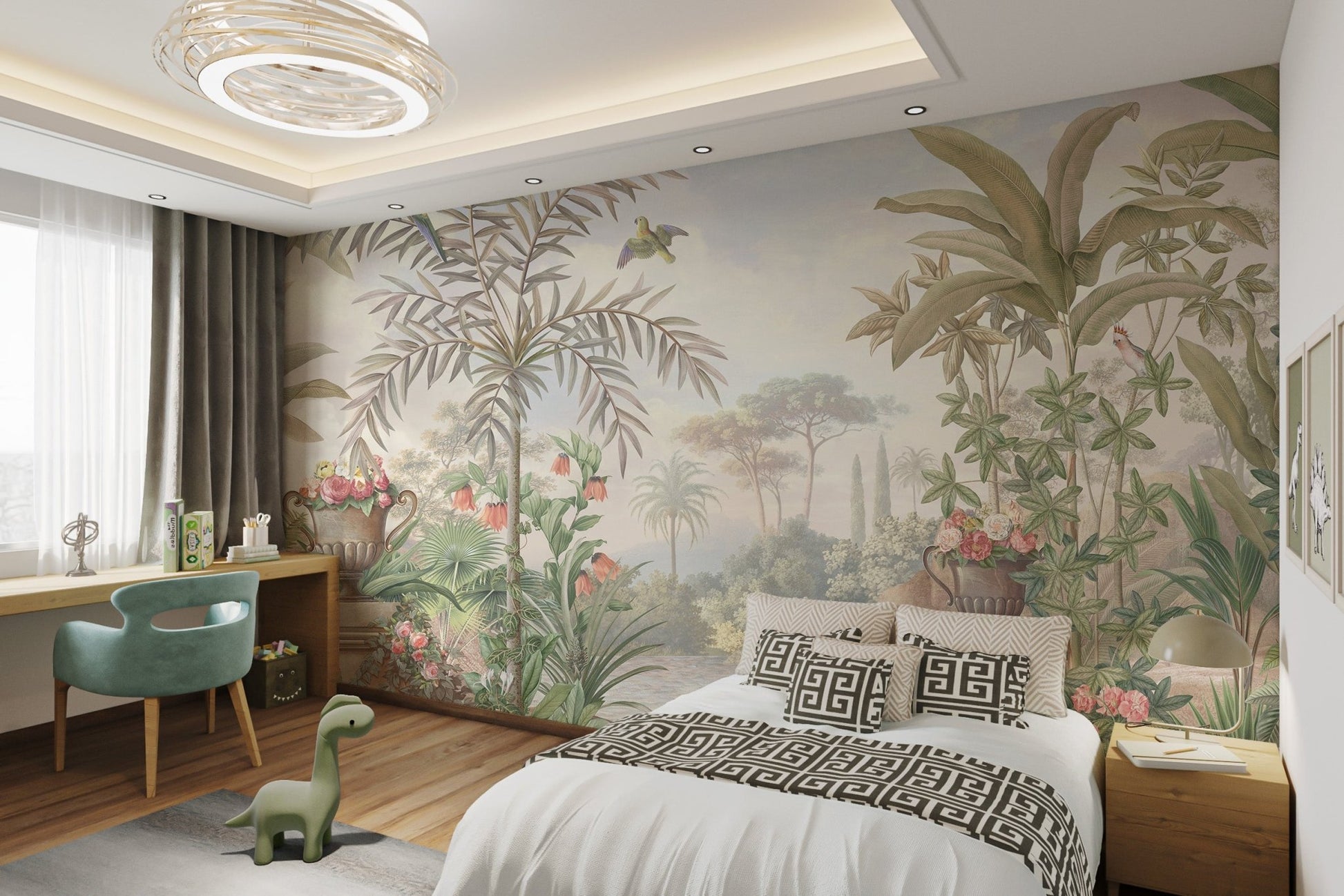 Pale blue sky green foliage botanical wall mural for modern bedroom.