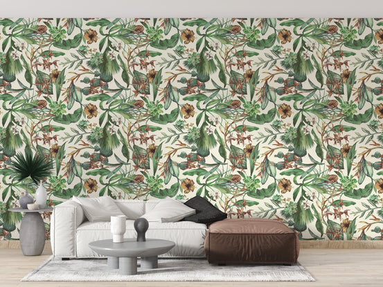 Minimalist living room accented by the Vintage Tropical Paradise wall mural.