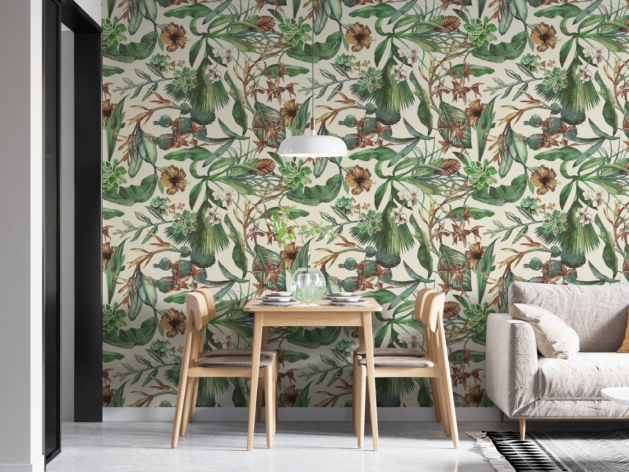 Vintage Tropical Paradise wallpaper in a bright dining room setting.