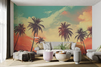 Nostalgic beach theme wallpaper with tropical palm tree details.