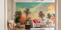 Silhouetted palm trees on a vintage tropical sunset wallpaper.