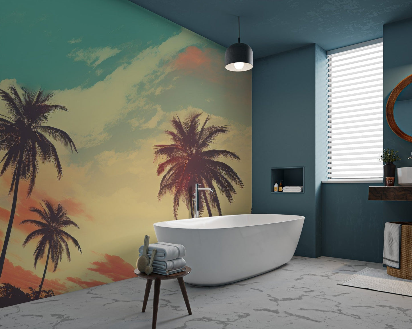 Tropical landscape wallpaper with soft hazy sunset lighting.