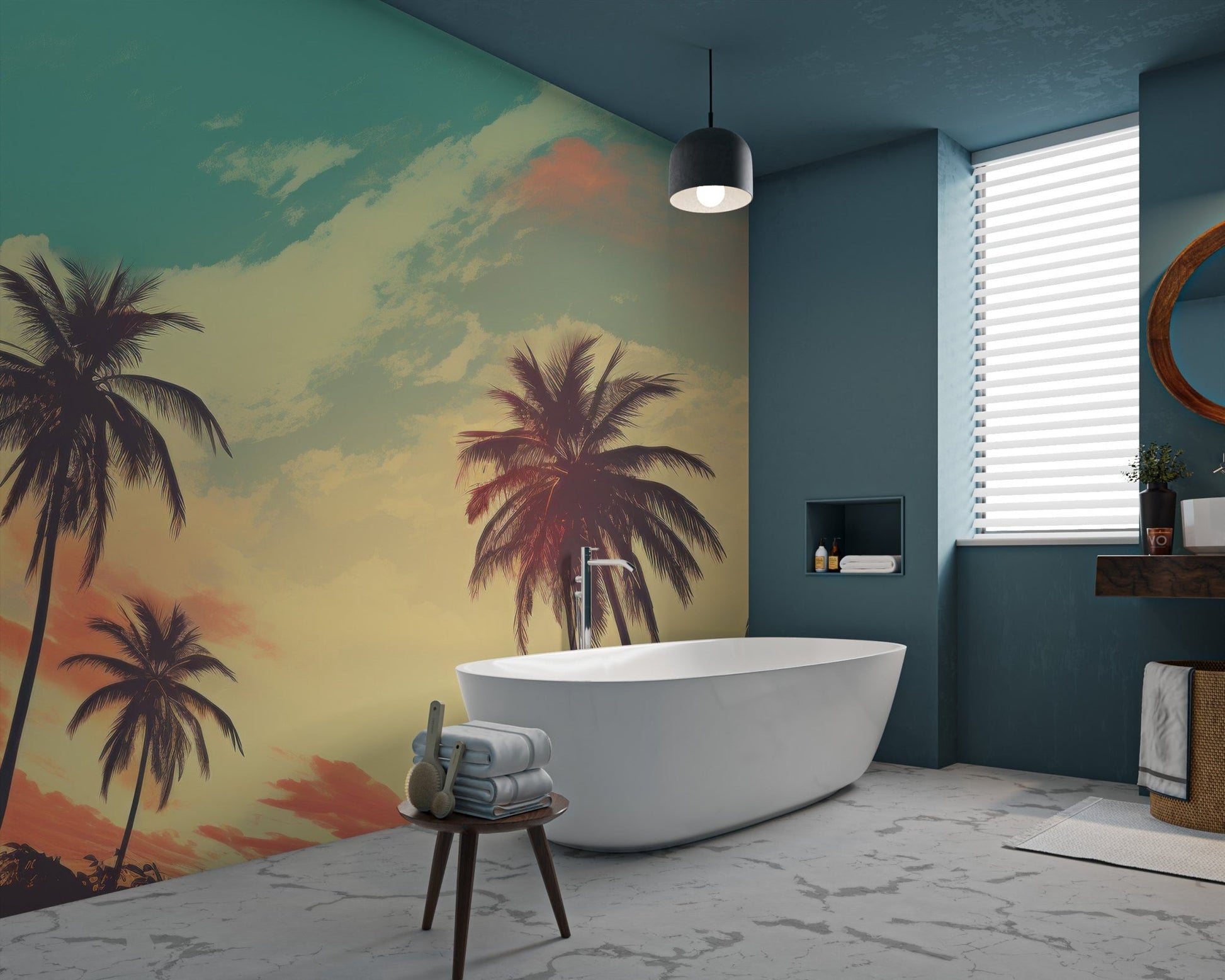 Tropical landscape wallpaper with soft hazy sunset lighting.