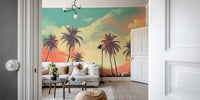 Vintage tropical sunset wallpaper featuring dark palm silhouettes.