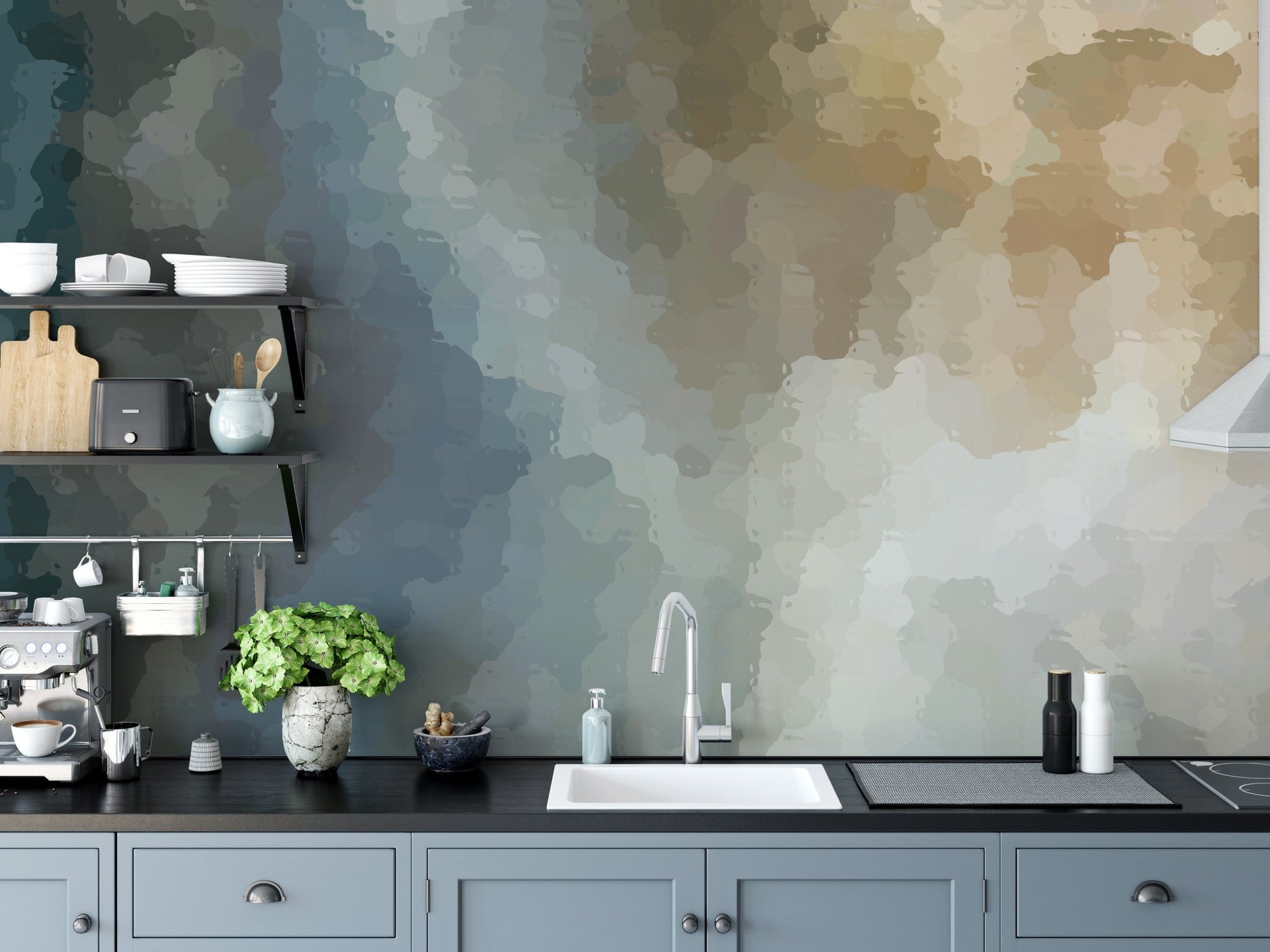 Decorative wall mural with watercolor textures in a contemporary kitchen backdrop.