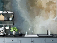 Decorative wall mural with watercolor textures in a contemporary kitchen backdrop.