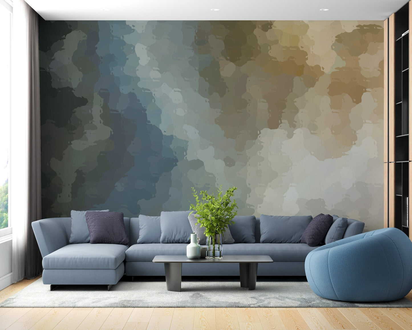 Watercolor wallpaper pattern creating a calm vibe in a sitting room.