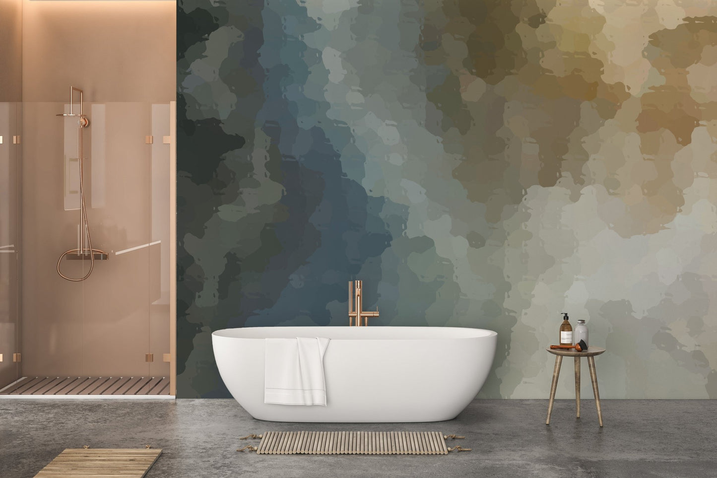 Vintage Vignette Watercolor Wall Mural applied in a relaxing bathroom area.