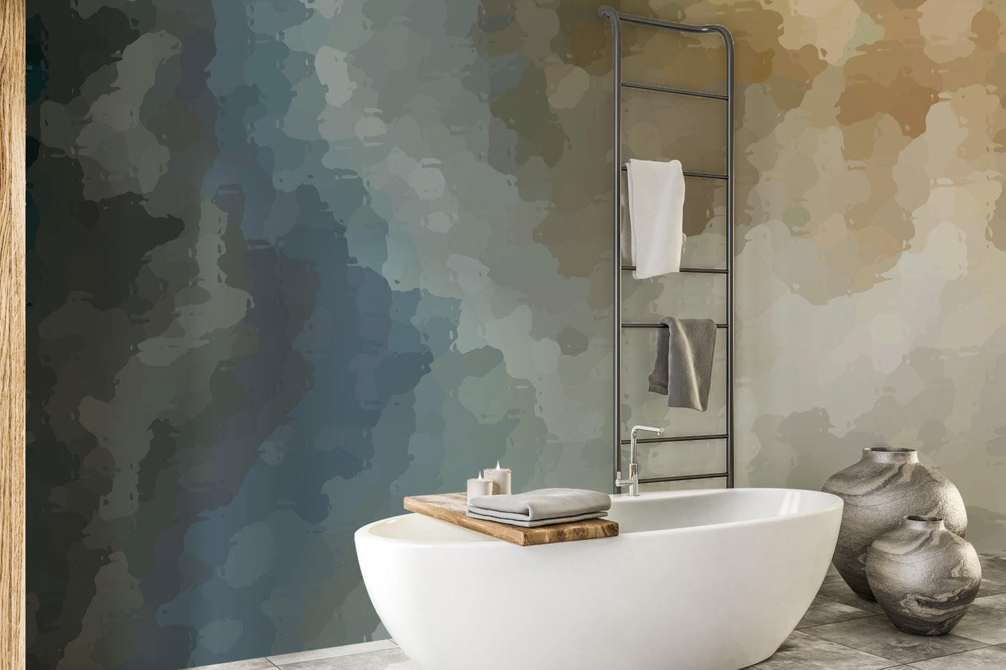 Abstract watercolor wall mural in a modern minimalist bedroom setting.