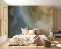 Abstract art wallpaper pattern applied to a large bedroom wall.