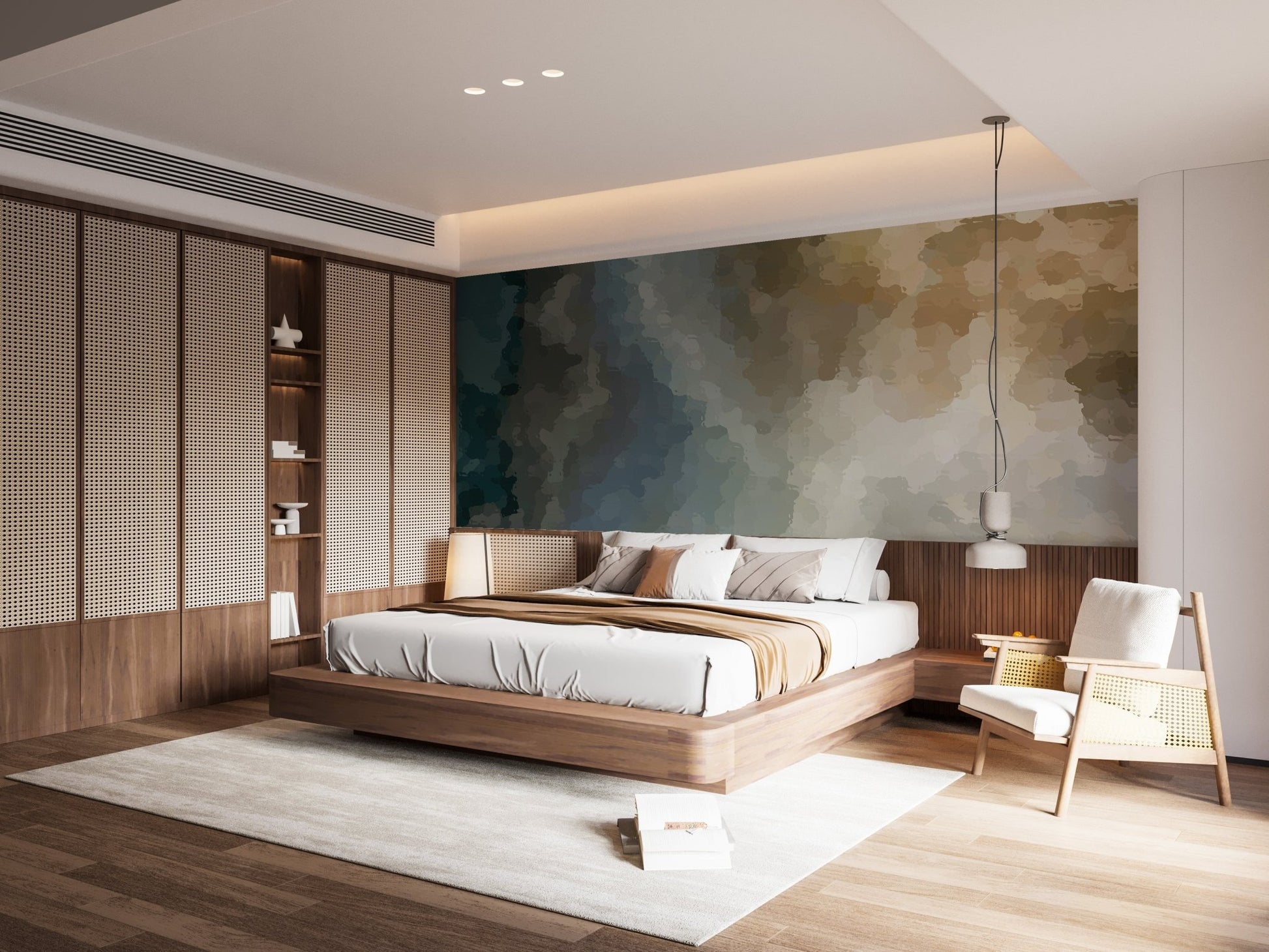 Soft abstract wall mural design on a bedroom feature wall behind a bed.