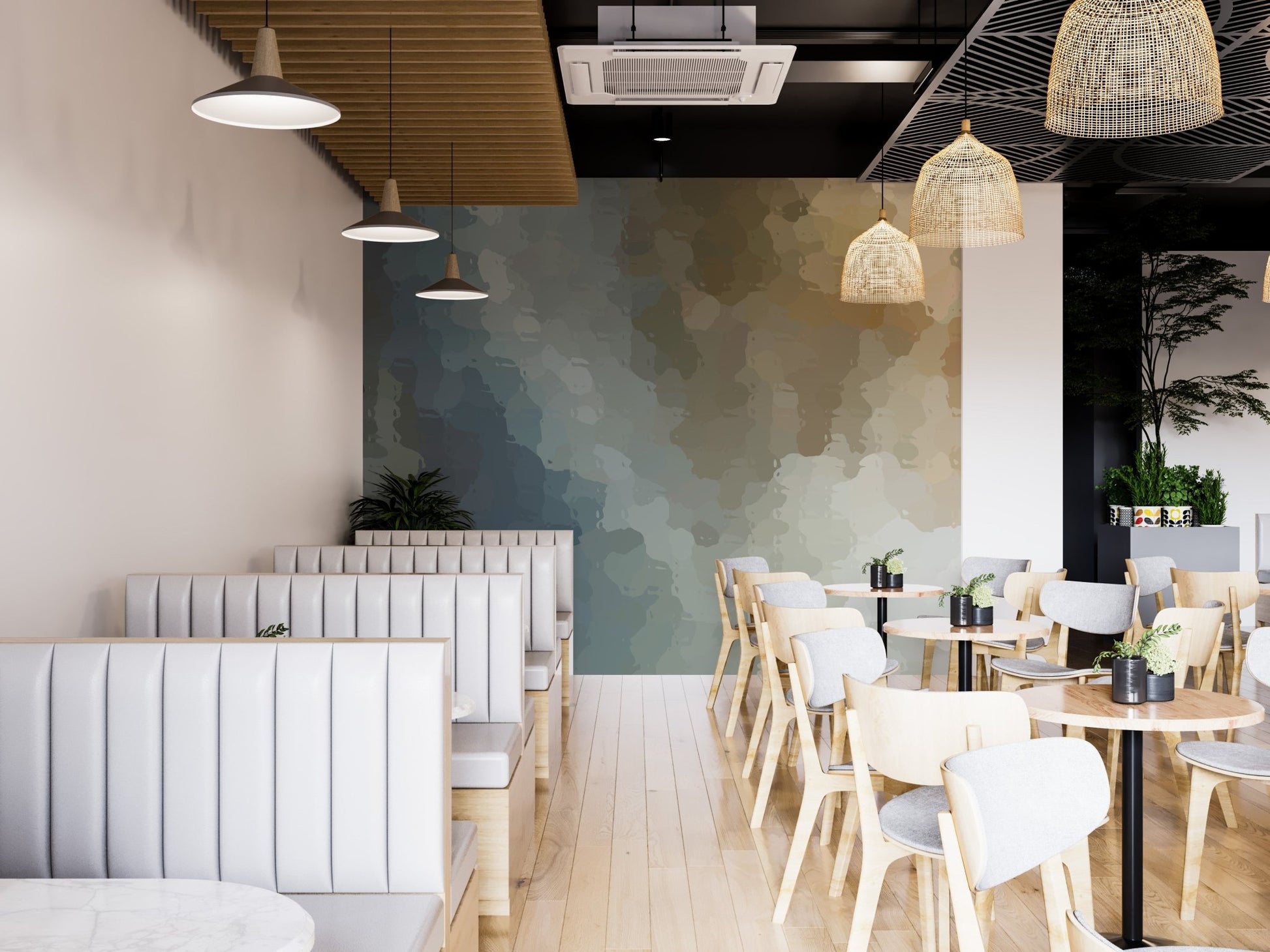 Dining room interior styled with an artistic watercolor wallpaper.