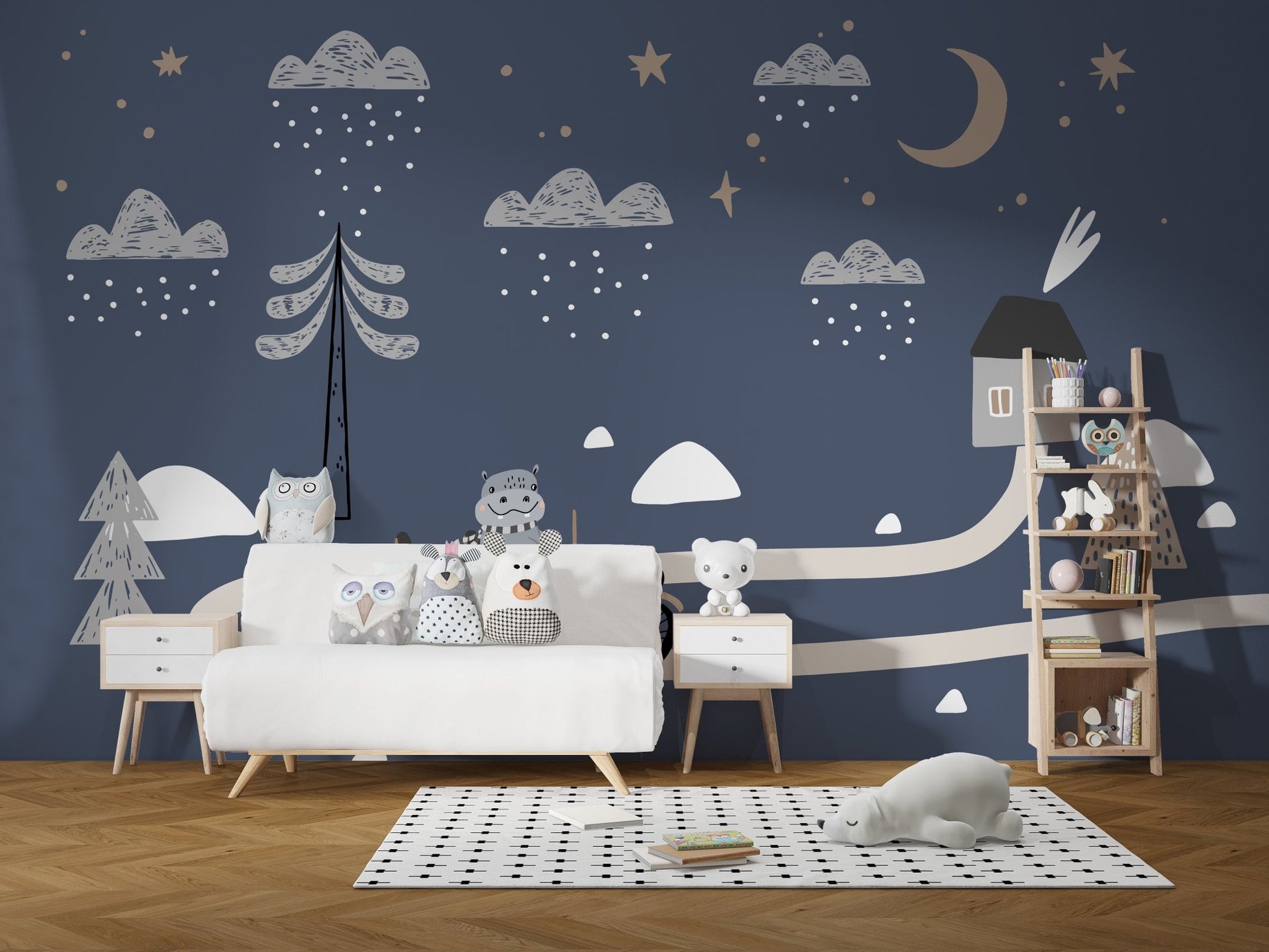 Blue sky and car pattern wall mural for a nursery room.