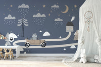 Soft nursery decor featuring a vintage car wall mural.