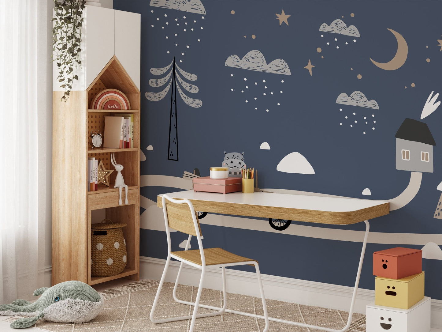 Desk and chair setup with retro car themed wall mural.