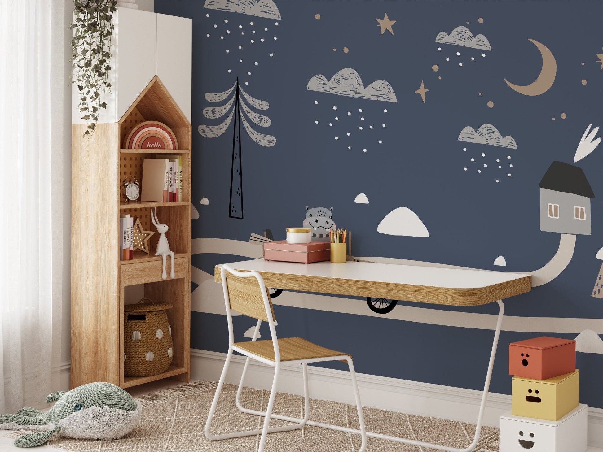 Desk and chair setup with retro car themed wall mural.