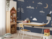 Desk and chair setup with retro car themed wall mural.