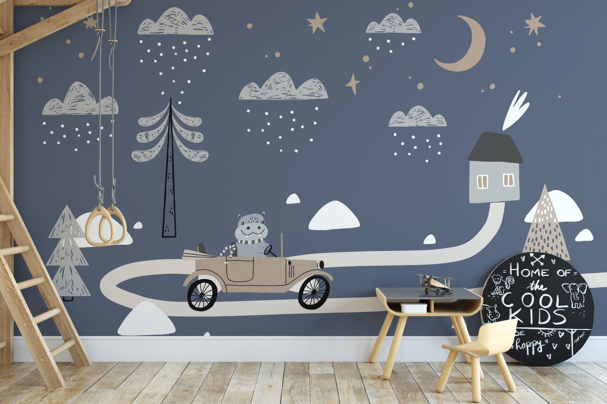Wooden play furniture with blue sky and  retro car themed wall mural