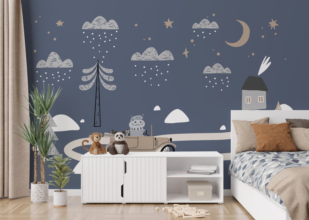 Kid's bedroom with Vintage Vroom Retro Car Mural wall mural.