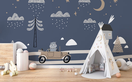 Teepee tent setup with retro car pattern wall mural.