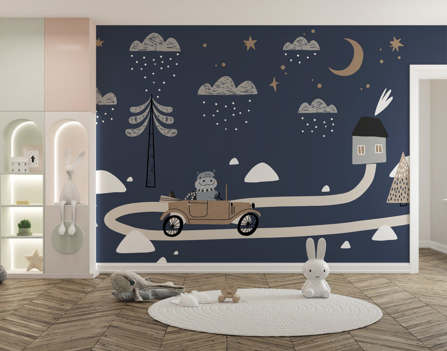 Hanging chair in a child's room with navy blue wall mural.