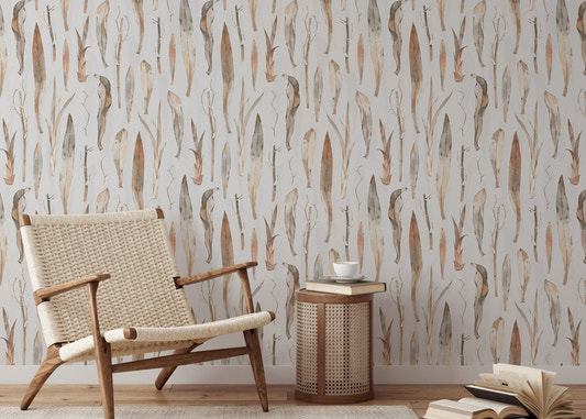 Vintage Watercolor Dry Leaves wallpaper in a lounge with a woven wooden chair.