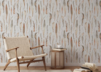 Vintage Watercolor Dry Leaves wallpaper in a lounge with a woven wooden chair.
