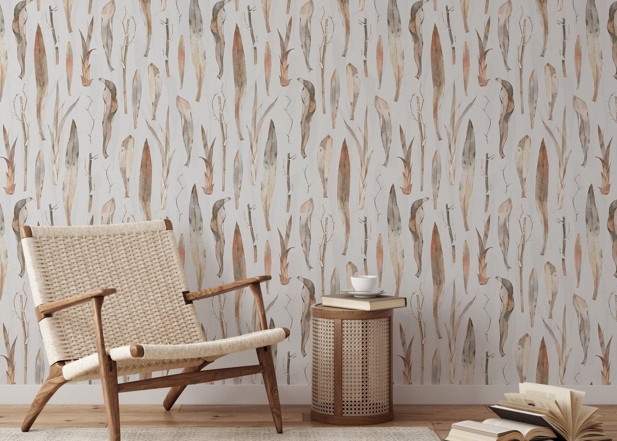 Vintage Watercolor Dry Leaves wallpaper in a lounge with a woven wooden chair.
