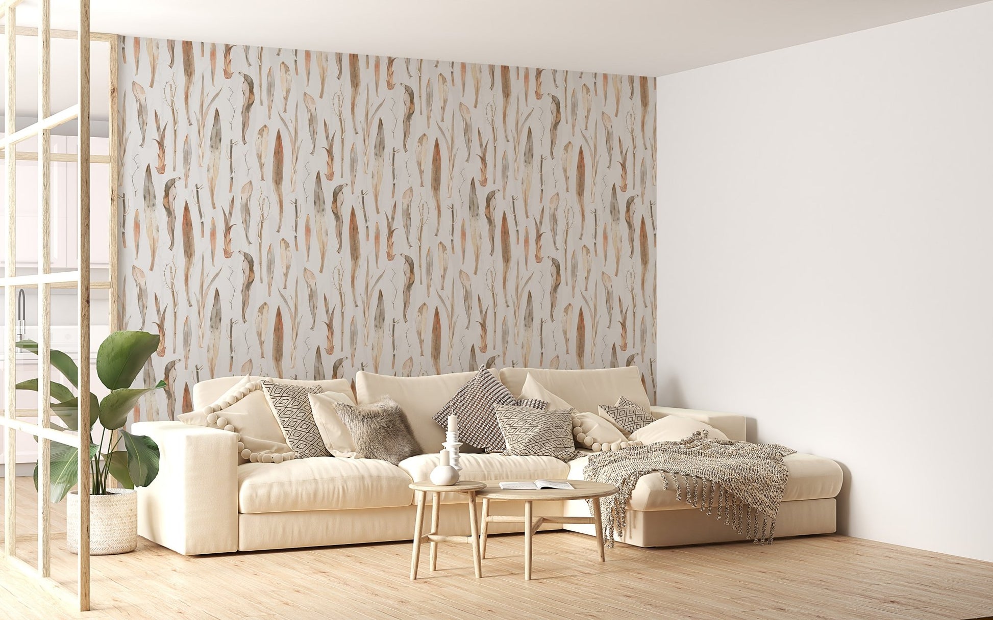 Pastel background wallpaper behind a beige sofa and light wood shelving.