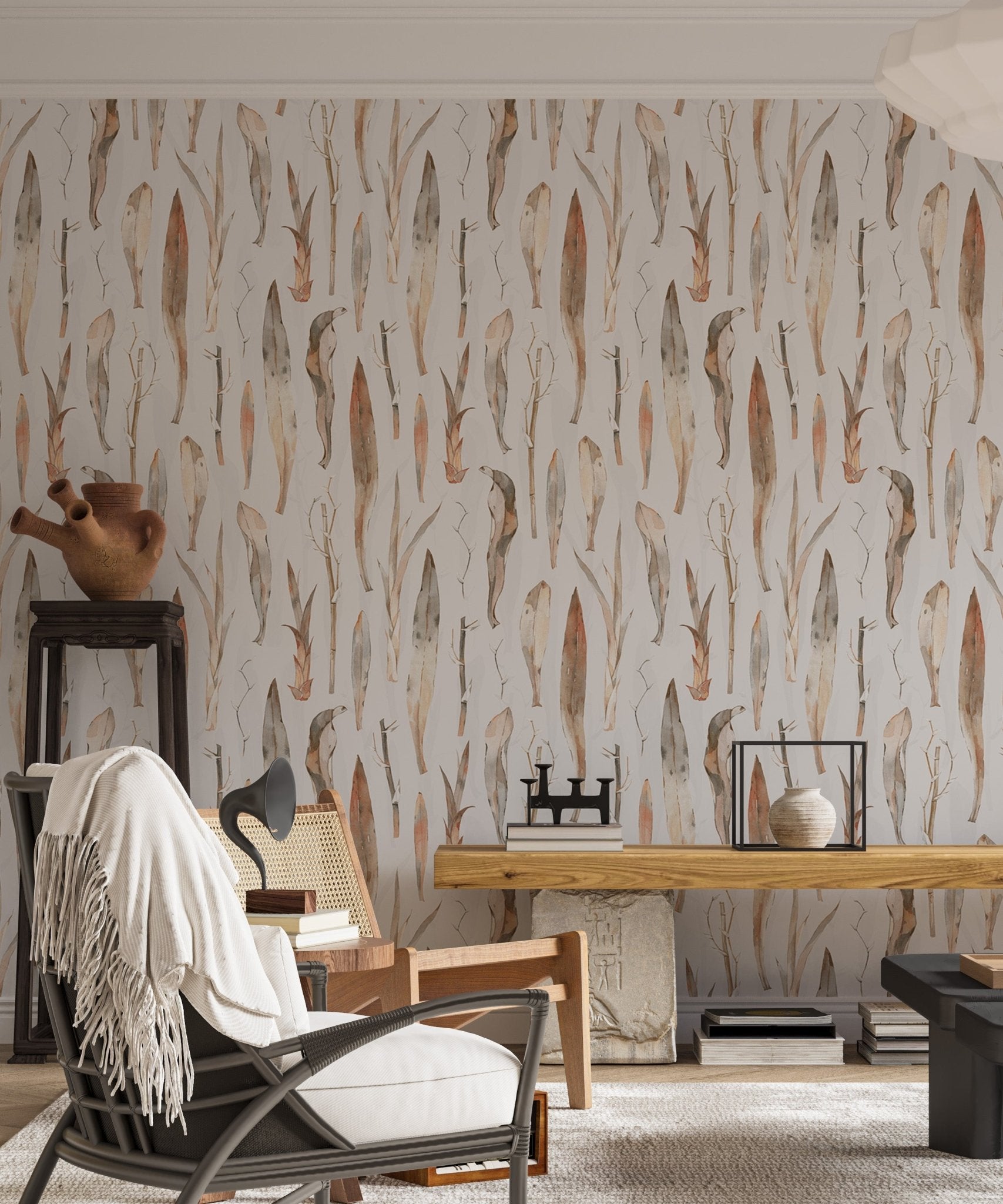 Vintage botanical wallpaper in a living room featuring a black rocking chair.