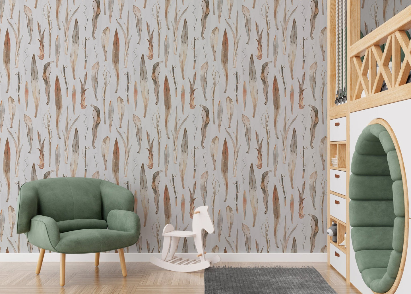 Watercolor dry leaves wallpaper in a nursery with a green armchair.