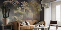 Artistic wildflower wall mural with soft watercolor background.
