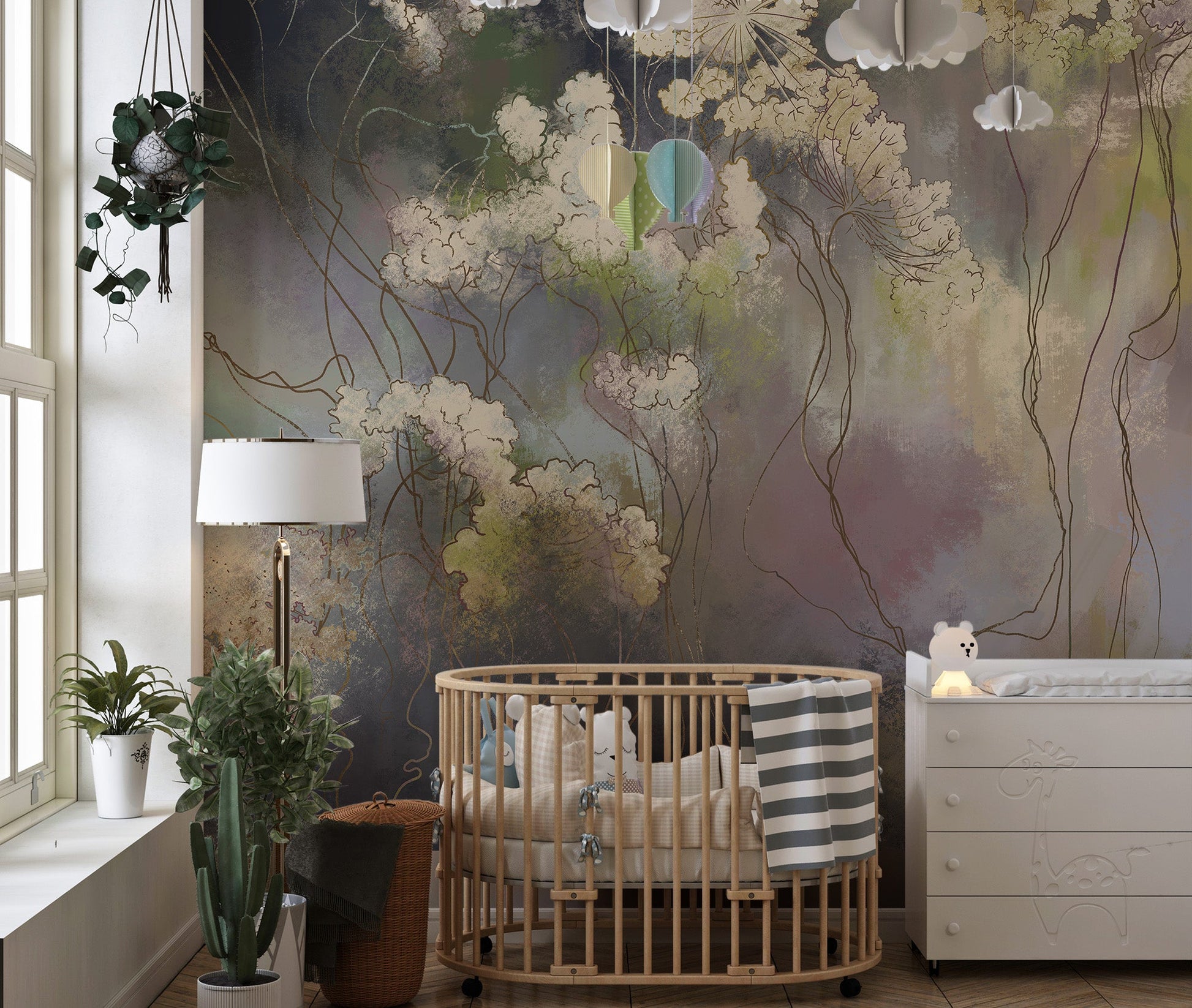 Vintage inspired botanical wallpaper mural with soft contrast.