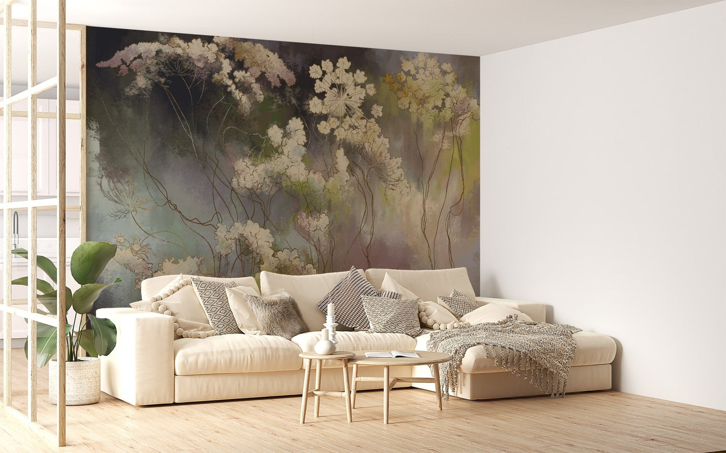 Artistic wildflower wallpaper mural with layered color wash.
