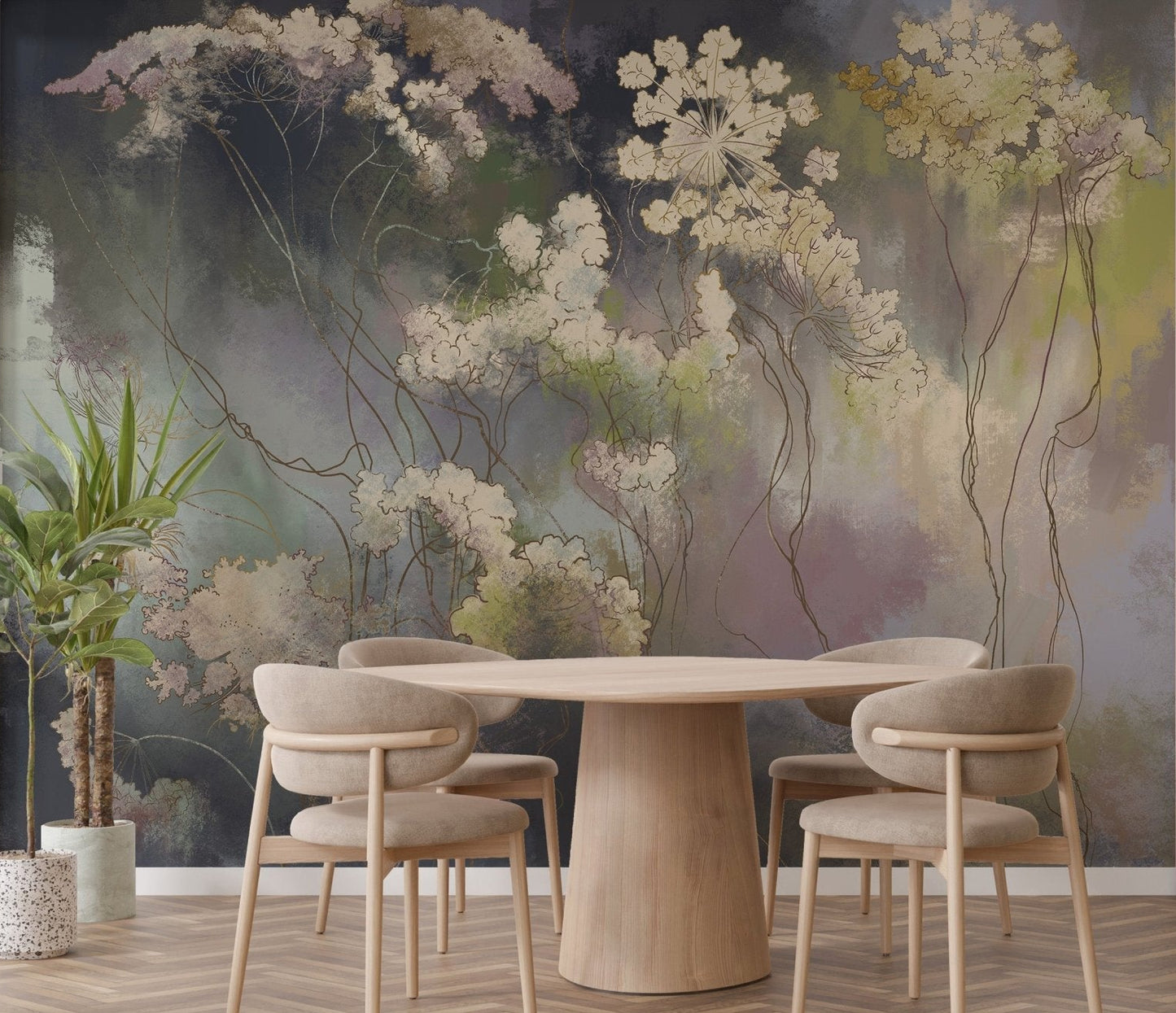 Vintage wildflower sketch wallpaper mural in muted floral tones.