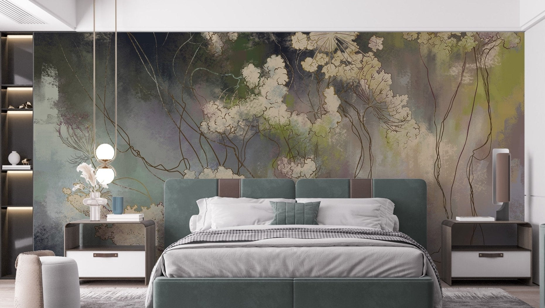 Painterly wildflower wallpaper mural with subtle gold line accents.