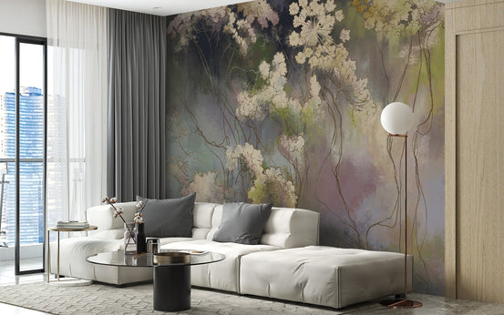 Dark toned wildflower sketch wall mural design.