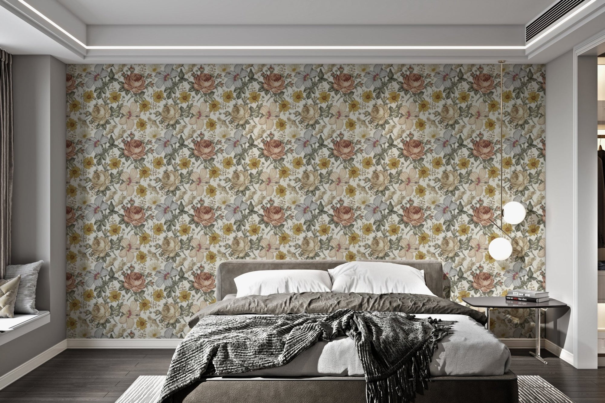 Vintage wall mural featuring delicate wildflower tiles on bedroom wall.