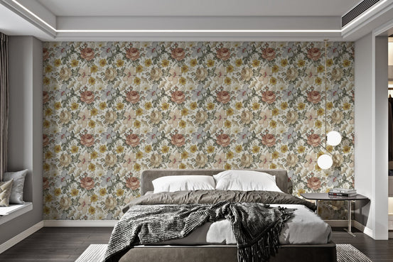 Vintage wall mural featuring delicate wildflower tiles on bedroom wall.