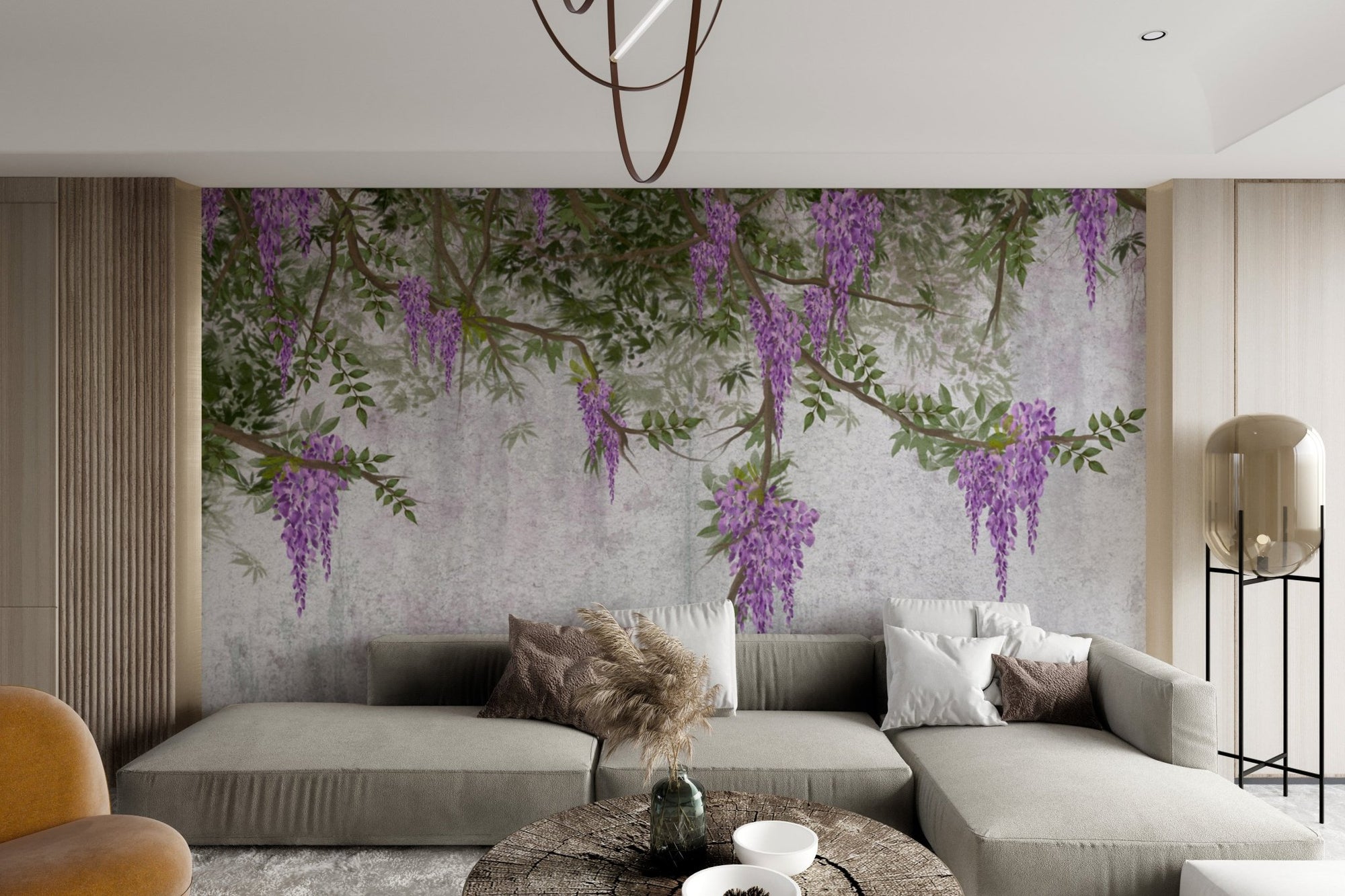 Purple vintage wisteria flower wallpaper with cascading blossoms on textured wall.