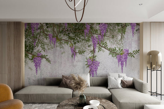 Purple vintage wisteria flower wallpaper with cascading blossoms on textured wall.