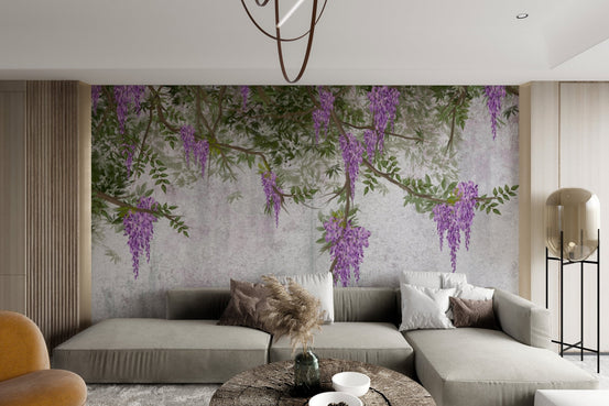 Purple vintage wisteria flower wallpaper with cascading blossoms on textured wall.