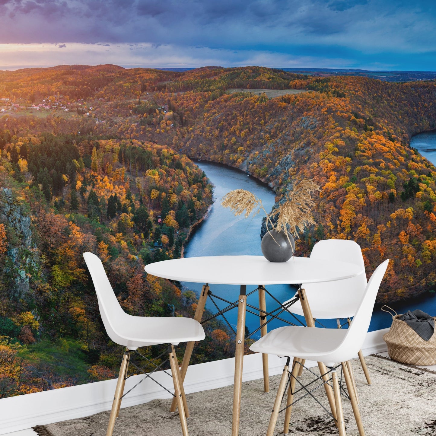 Vltava River and autumn forest wall mural design in small dining area.
