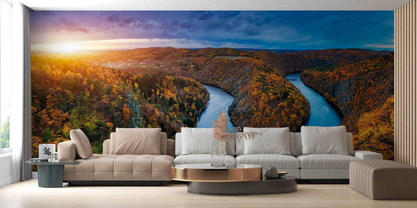Sunlit interior with a Vltava River Autumn Forest Wallpaper Mural.