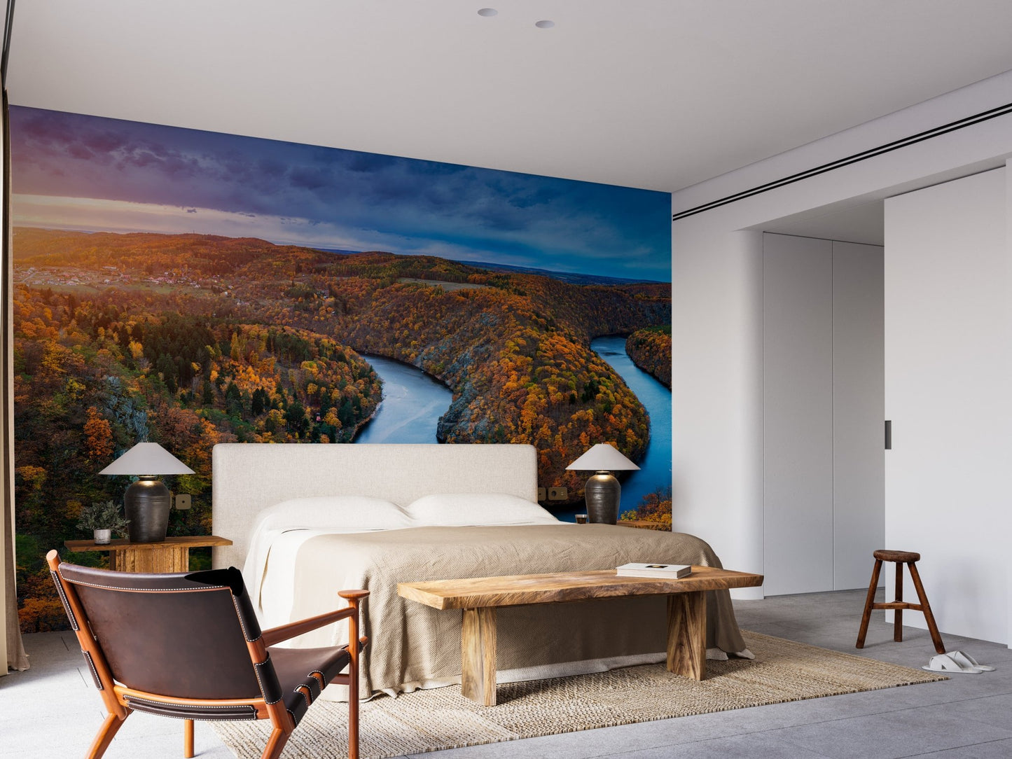 Bedroom wall mural featuring an orange and blue river landscape.